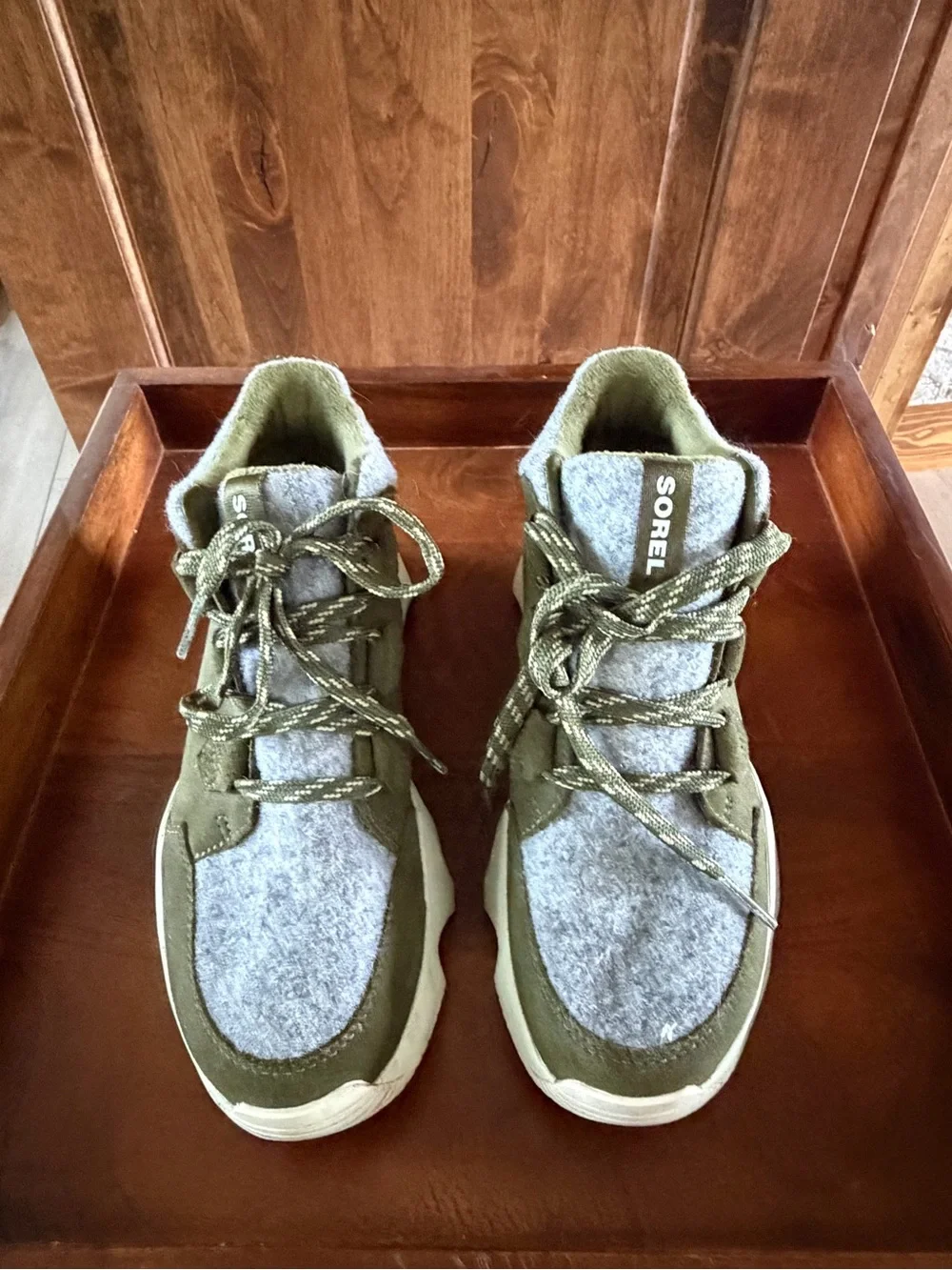 Sorel Olive Green & Light Gray Chunky Ankle Booties
